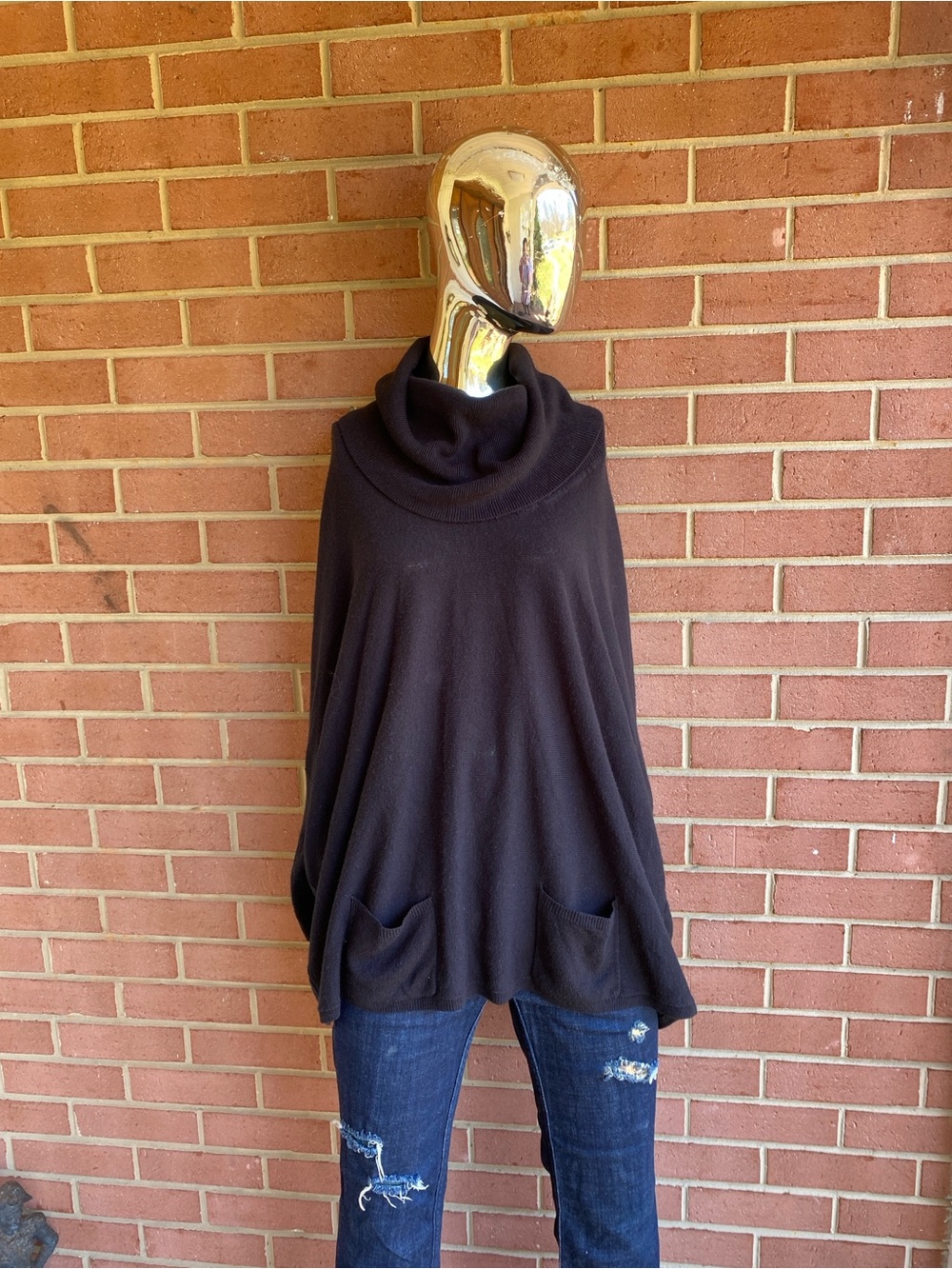 Olivia Sky Black Cowl Neck Poncho Sweater with Pockets L